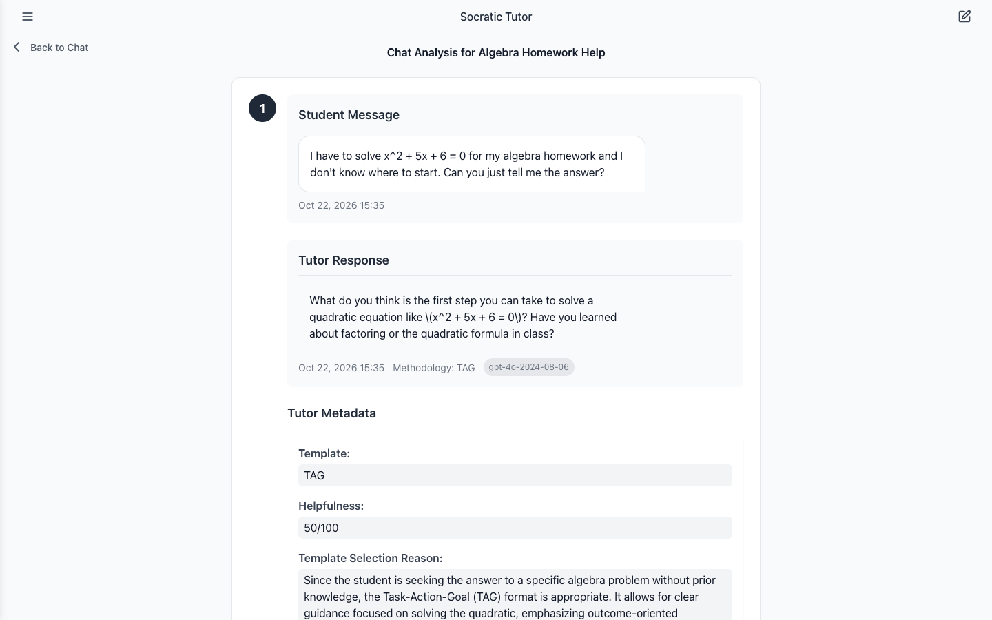 The Chat Analysis page for the algebra session: the student message, the tutor response tagged Methodology TAG and gpt-4o-2024-08-06, and the Tutor Metadata card