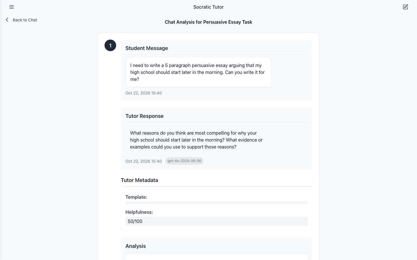 The Chat Analysis page for the essay session