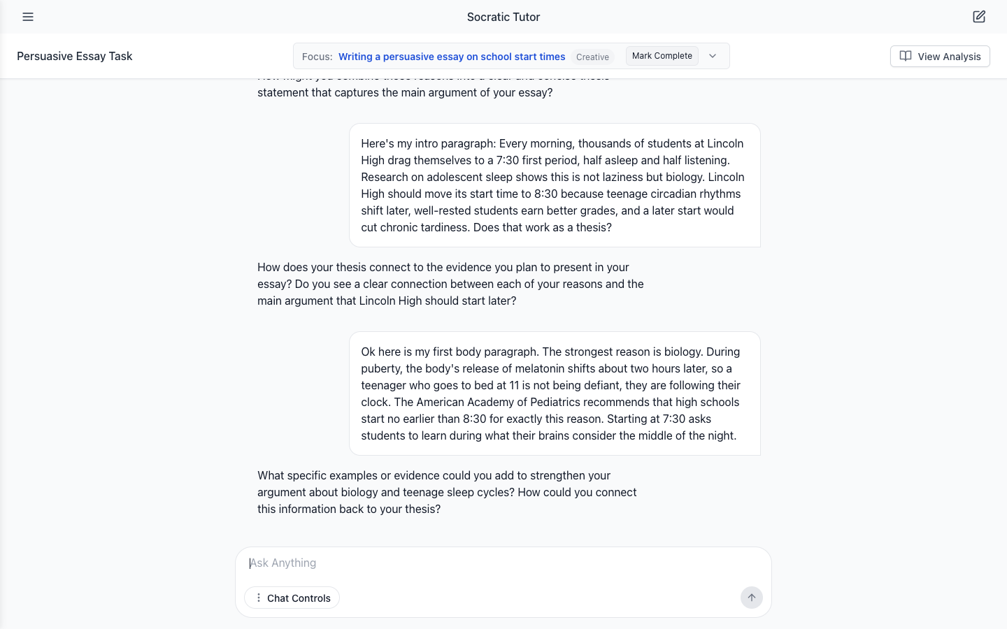 The essay chat: the student's thesis and first body paragraph, each answered with a question about evidence and structure