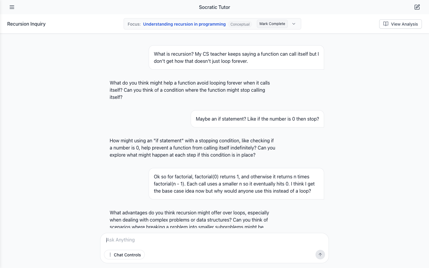 The recursion chat at helpfulness 15: the tutor answers each message with another question