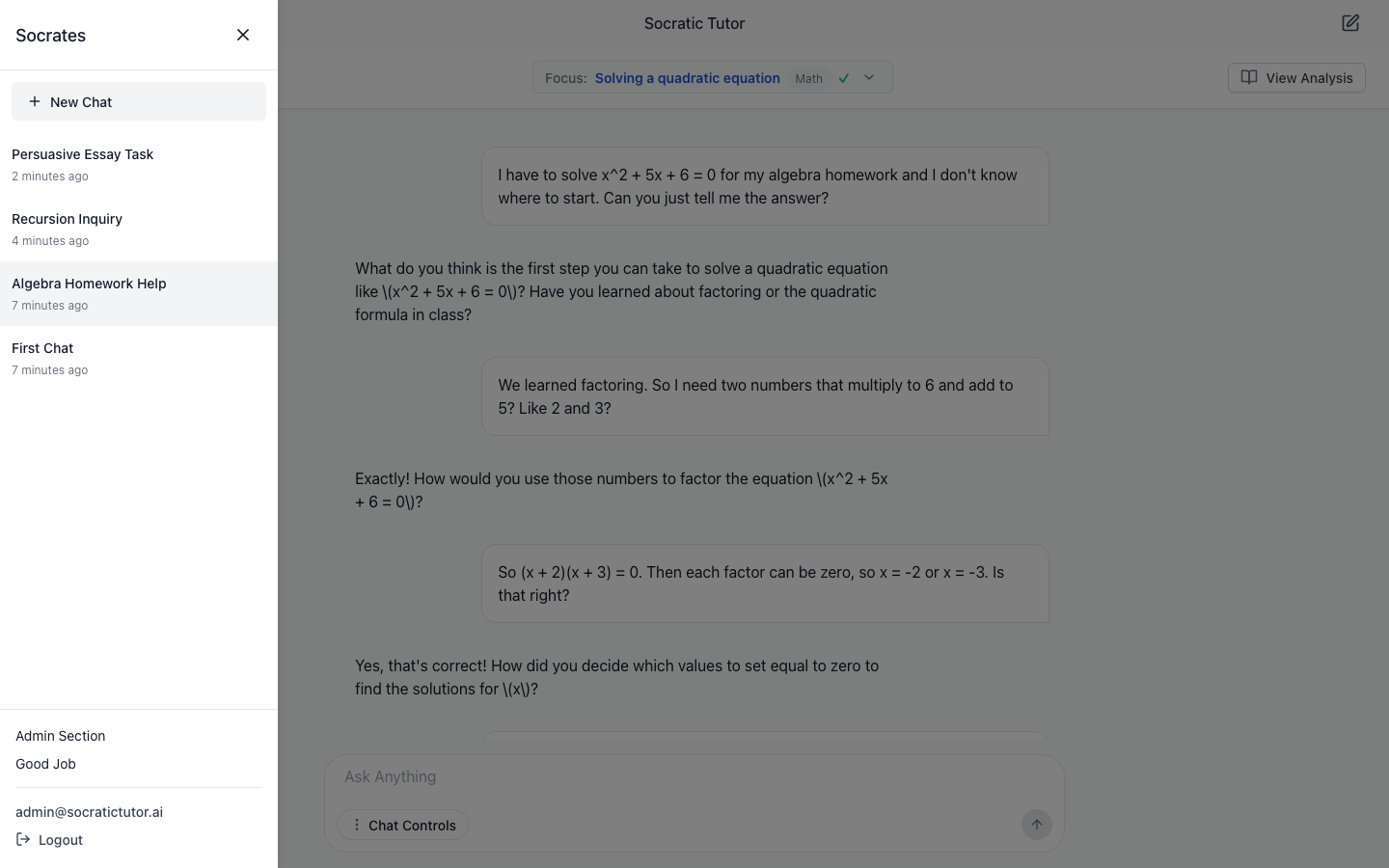 The slide-out drawer listing the chats, a New Chat button, and an Admin Section with a Good Job link