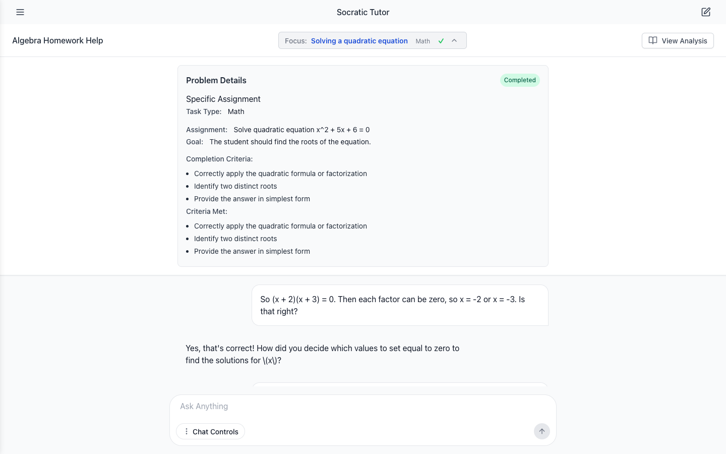 The Problem Details panel expanded: Completed badge, Specific Assignment, Task Type Math, Assignment, Goal, three Completion Criteria, and three Criteria Met