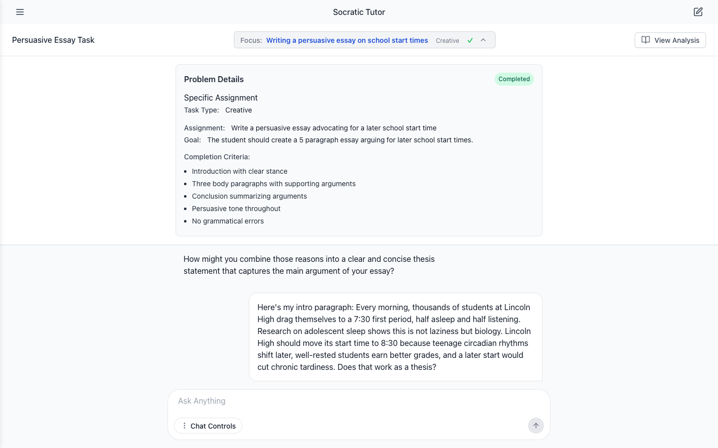 Problem Details for the essay: Task Type Creative, five completion criteria including introduction with clear stance and three body paragraphs