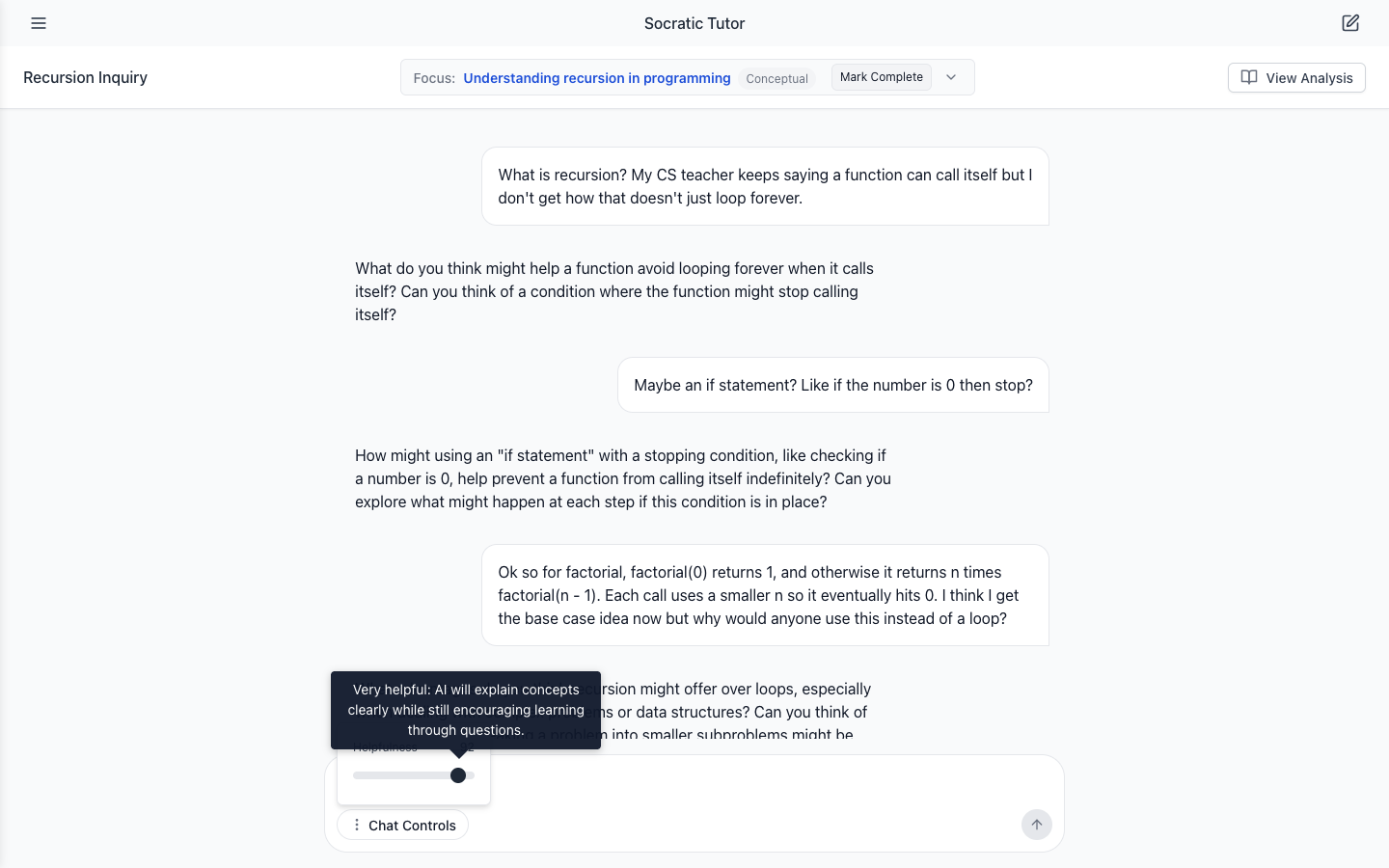 The Helpfulness slider dragged to 92 with its tooltip: Very helpful, AI will explain concepts clearly while still encouraging learning through questions